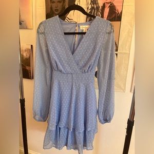 Blue Longsleeve Dotted Swiss Dress with Tie